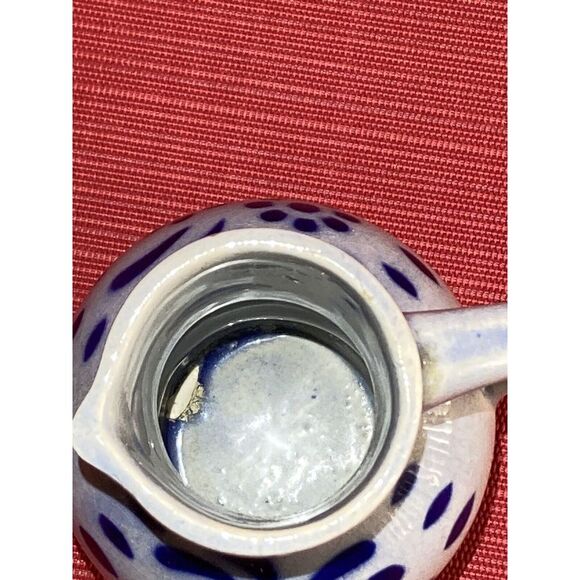 Ceramic Floral Pitcher / Small Size /Pottery Spout Handle / Folk Art /Blue Paint - Picture 9 of 12